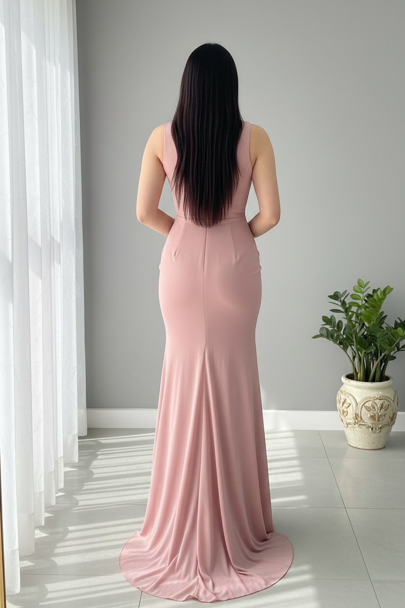 Vestido Rosa Palo Sirena con Rosa 3D y Abertura cod.961