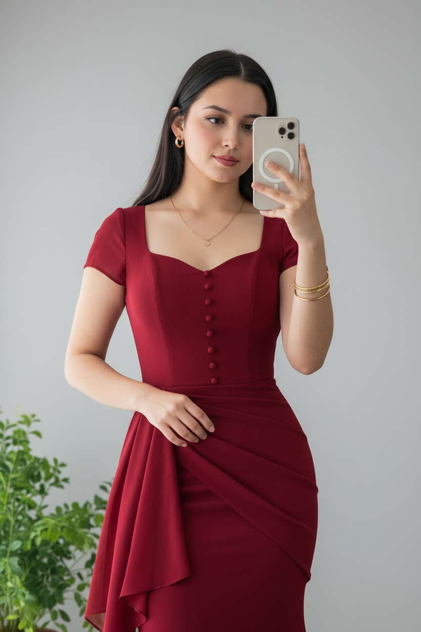 Vestido Borgoña Sirena con Botones y Volante Lateral cod.959