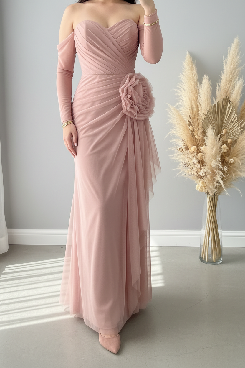 Vestido Rosa Palo Off-Shoulder con Rosa D V362