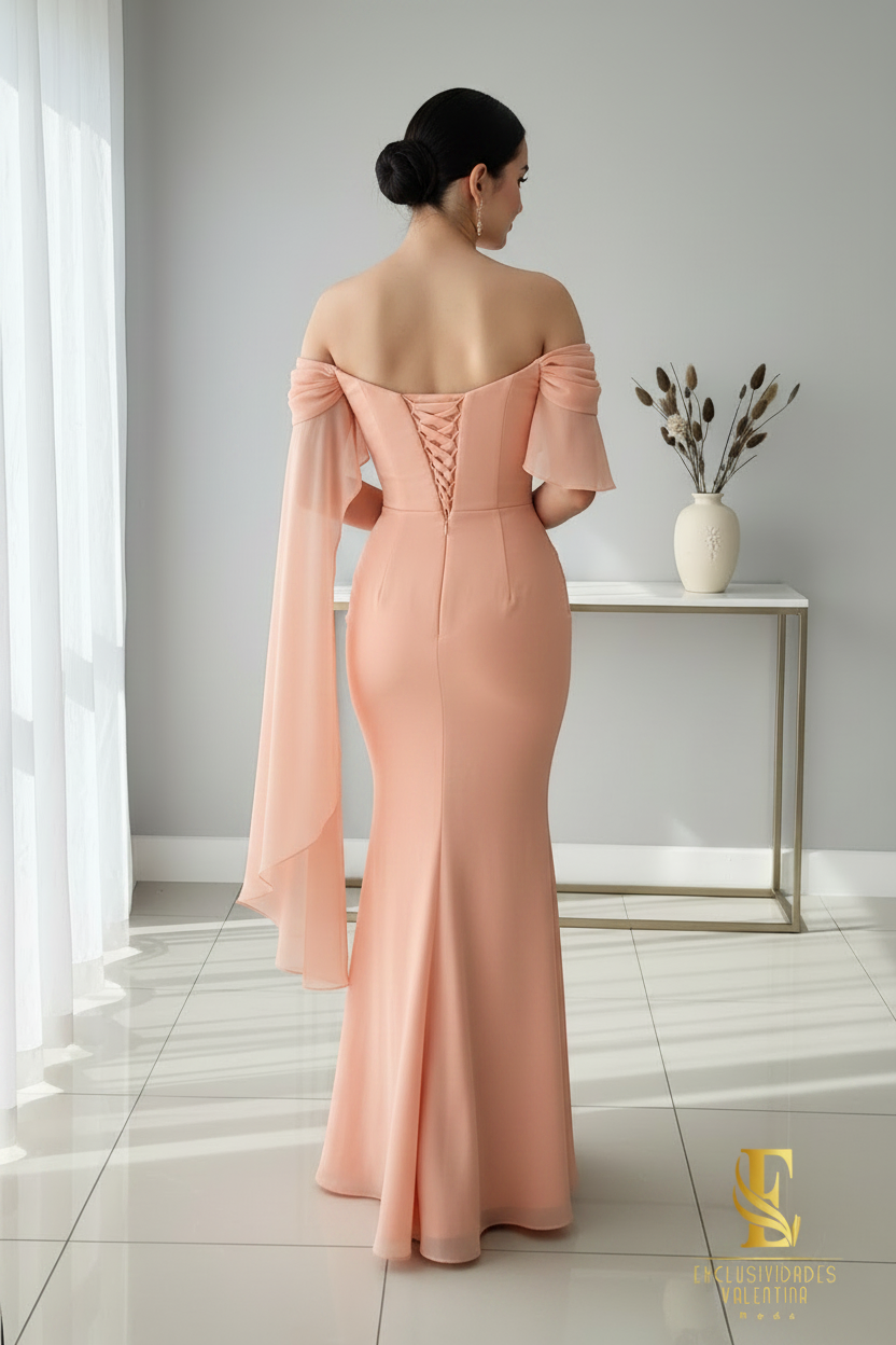 Vestido Melocotón Off-Shoulder Sirena con Capa Chifón cod.V348