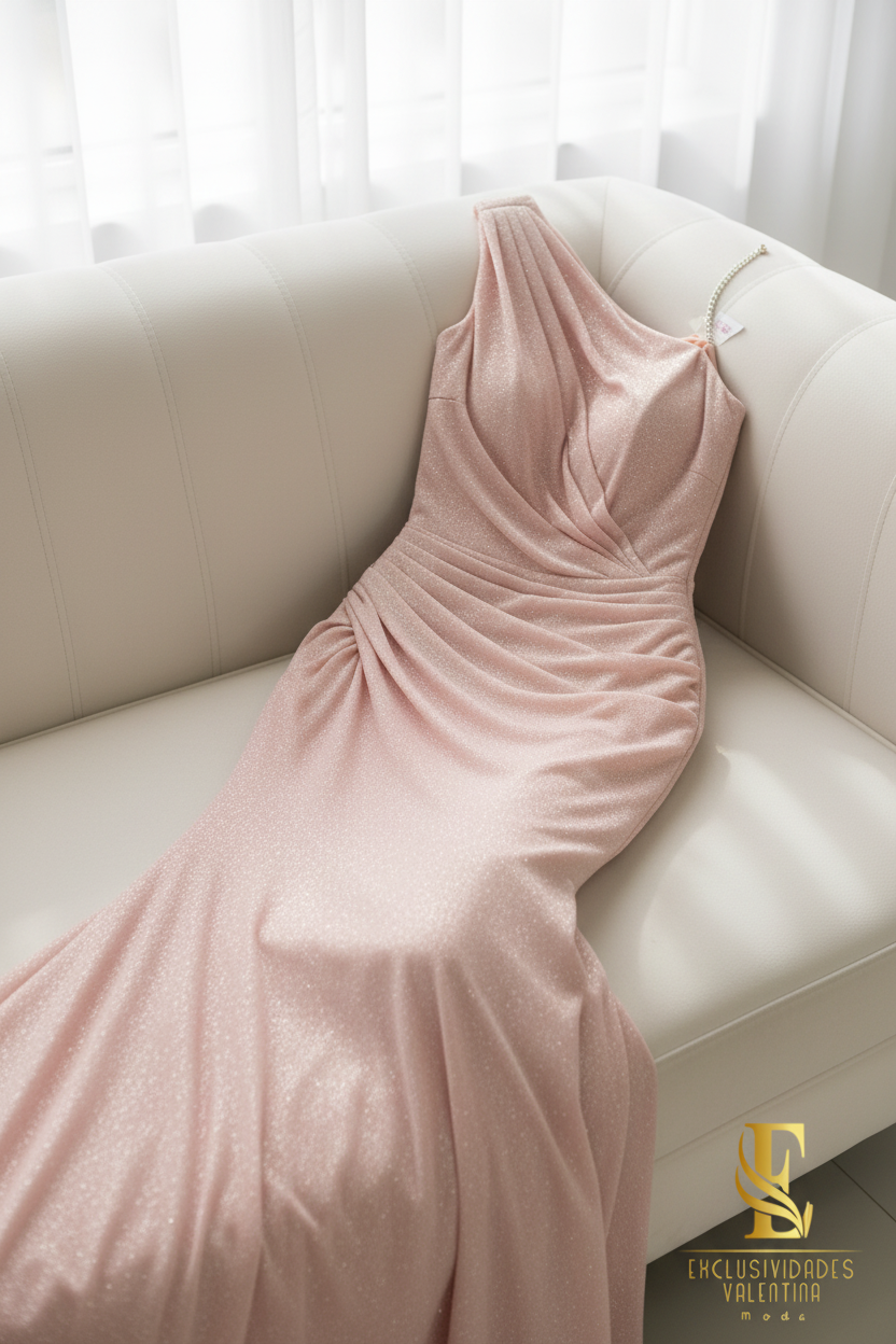Vestido Sirena Rosa Blush Brillante Un Hombro con Drapeado Diagonal cod.C250