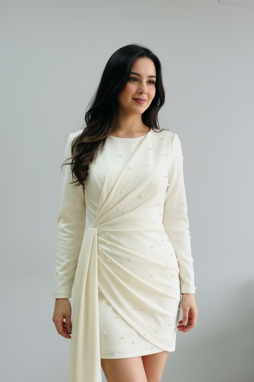 Vestido Corto Blanco Manga Larga con Perlas y Drapeado cod.497
