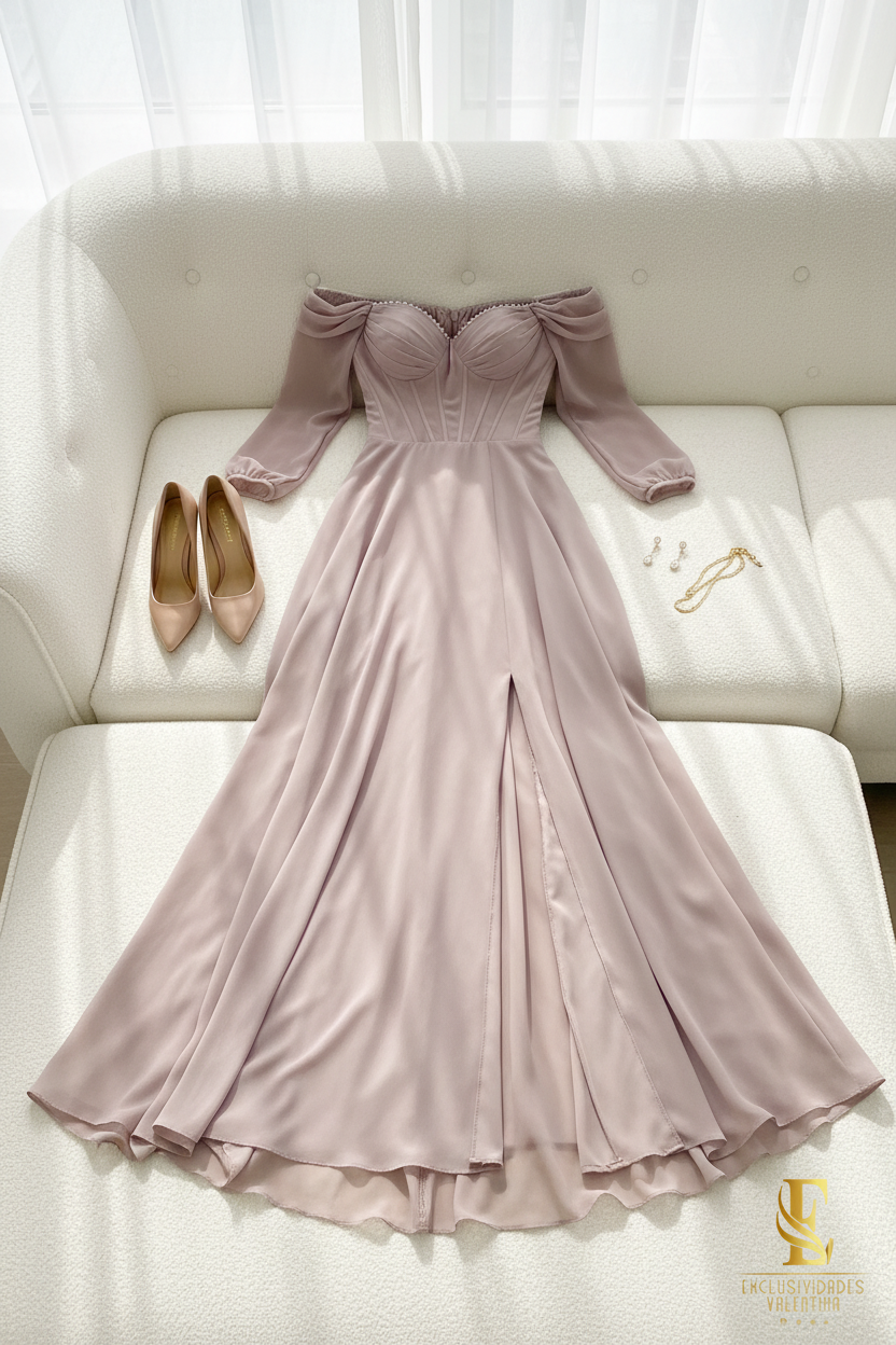 Vestido Malva Off-Shoulder Manga Puff con Córset cod.V275