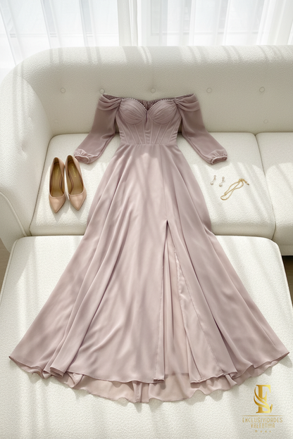 Vestido Malva Off-Shoulder Manga Puff con Córset cod.V275