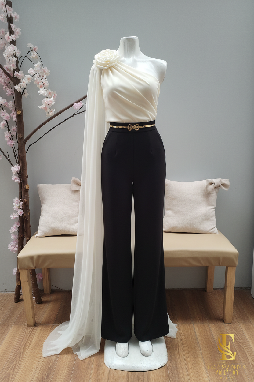 Conjunto Ivory y Negro Top Un Hombro Rosa 3D Capa Tul + Palazzo cod.C300