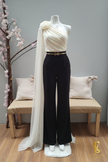 Conjunto Ivory y Negro Top Un Hombro Rosa 3D Capa Tul + Palazzo cod.C300