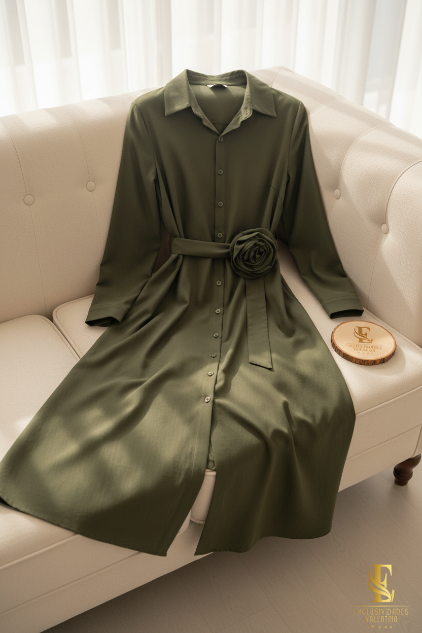 Vestido Camisero Verde Olivo Rosa D cod.0086