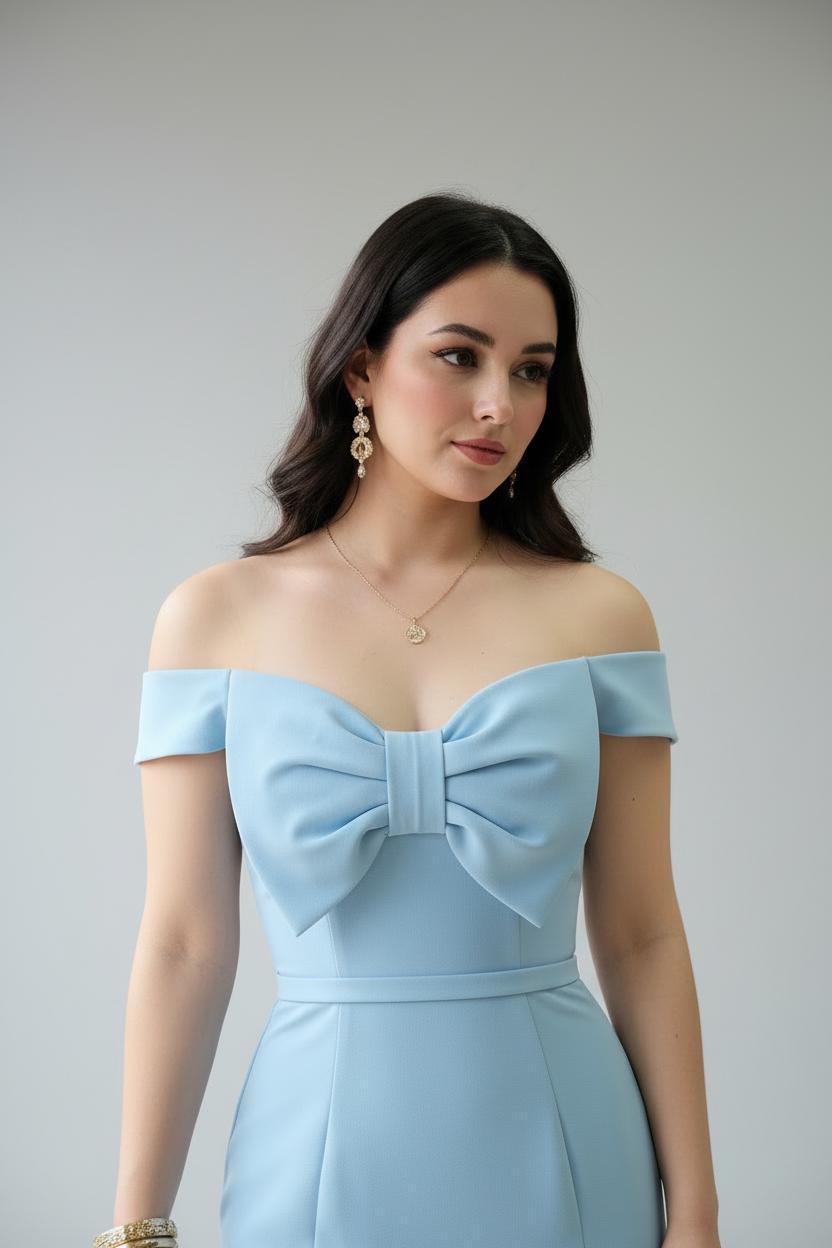 Vestido Formal Azul Cielo Off-Shoulder con Lazo cod.500
