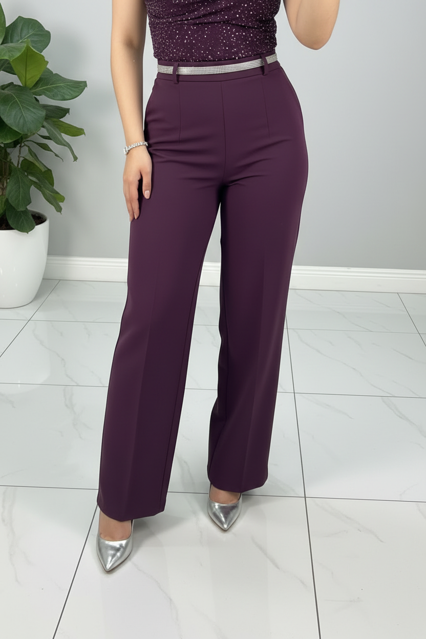 Conjunto Morado Ciruela Top Brillos Rosa 3D y Pantalón Palazzo cod.547