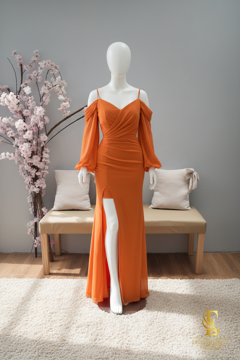 Vestido Naranja Sirena Off Shoulder Mangas Globo Abertura V337