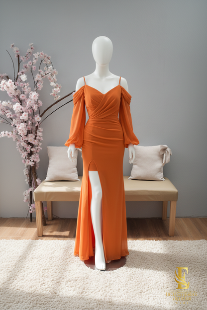 Vestido Naranja Sirena Off Shoulder Mangas Globo Abertura V337