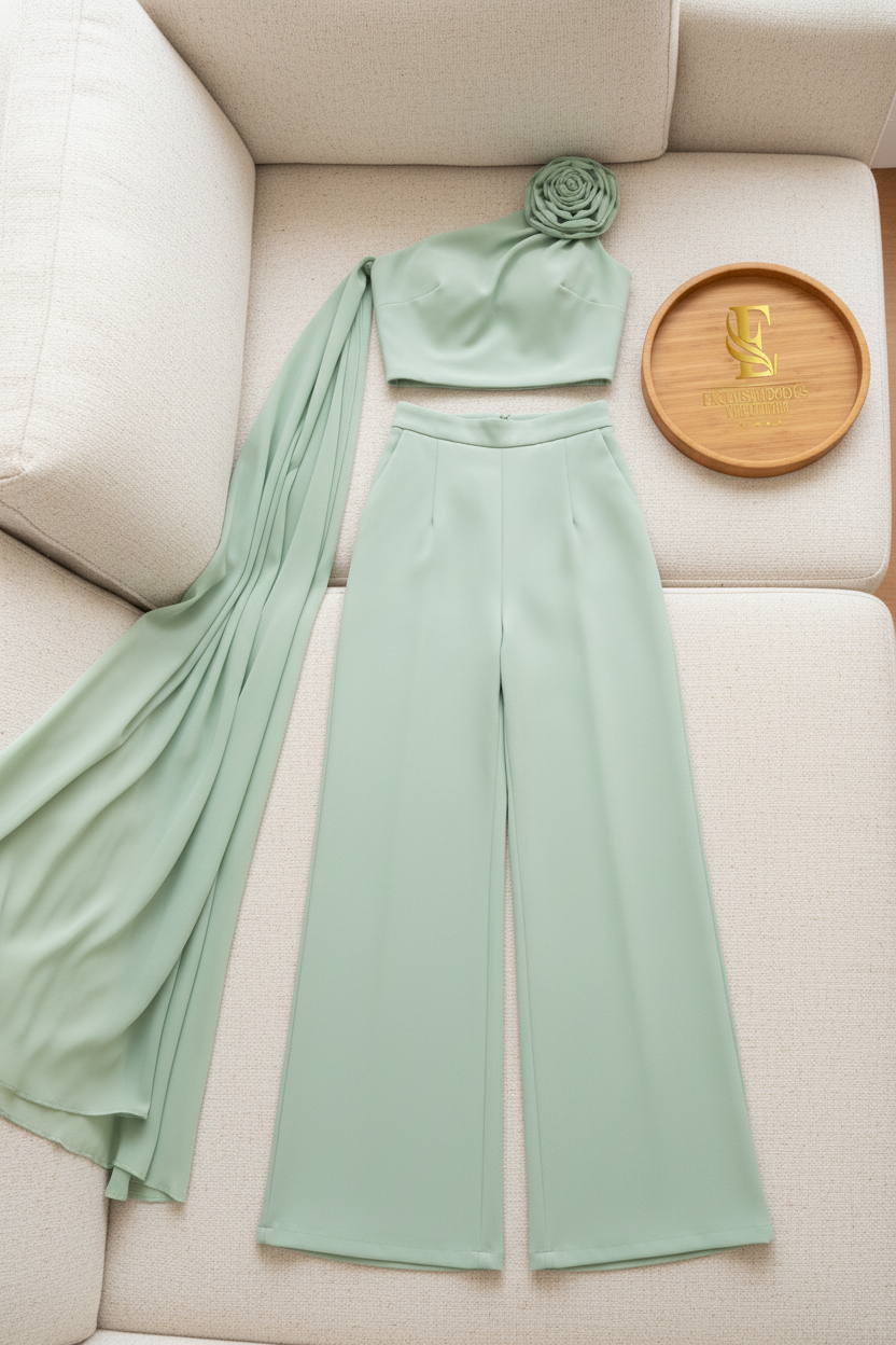 Conjunto Verde Menta — Top Un Hombro Rosa 3D con Capa & Palazzo cod. 0046