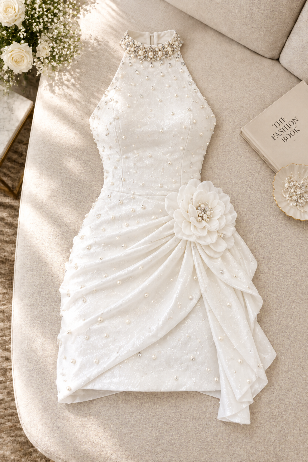 Mini Vestido Blanco Halter Perlas Flor 3D Falda Drapeada cod.V0046