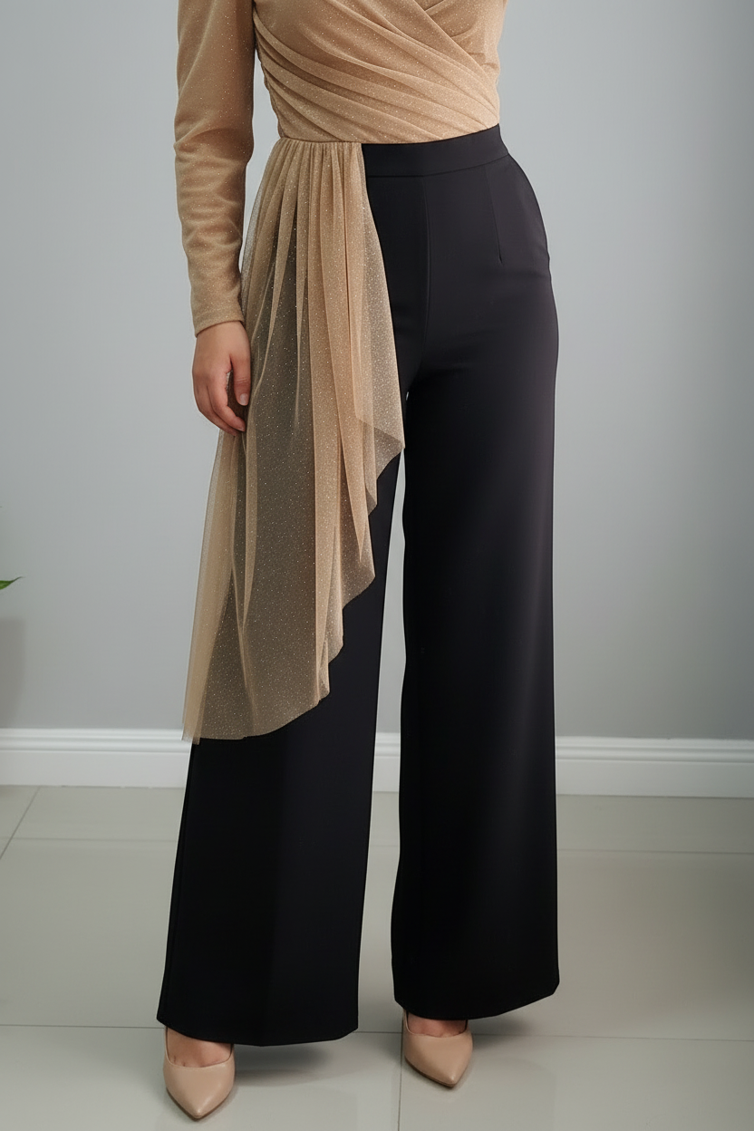 Conjunto Top Tul Dorado Cruzado Manga Abullonada y Pantalón Palazzo Negro  cod.738