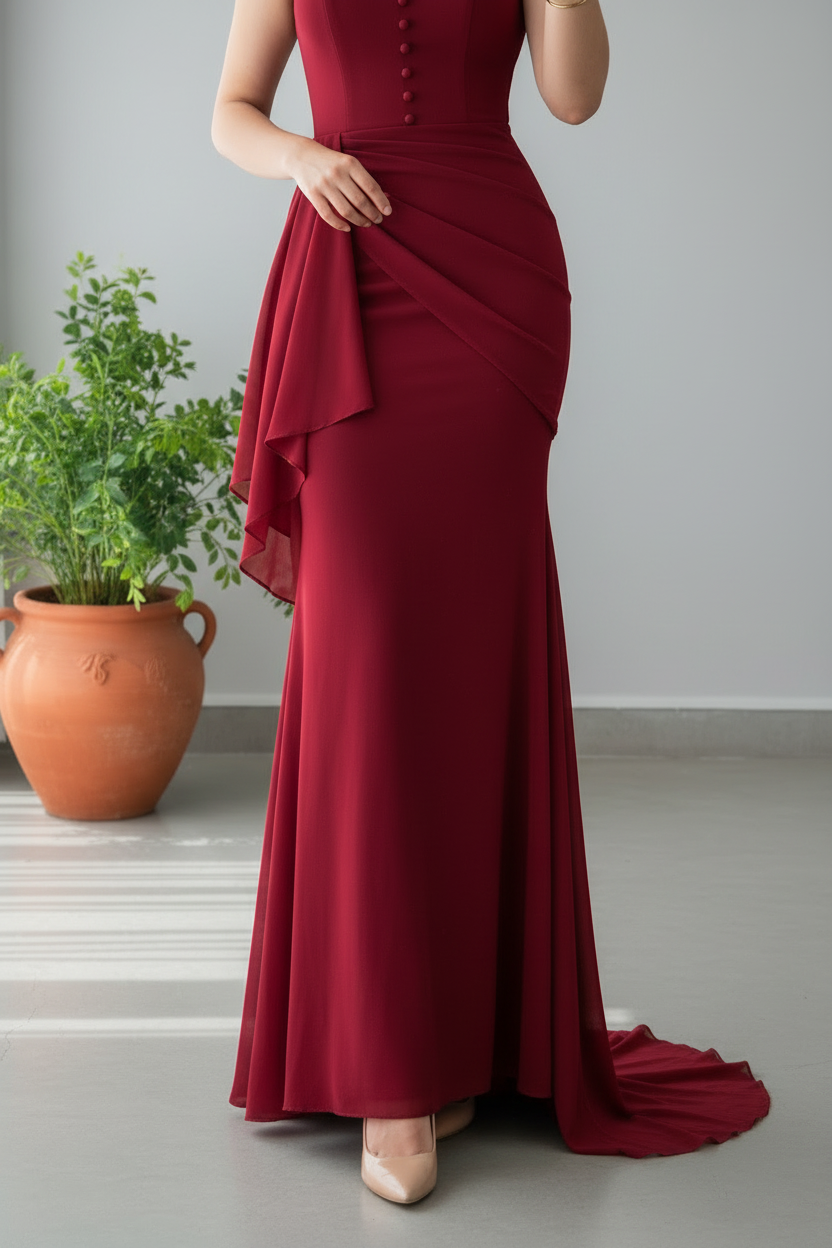 Vestido Borgoña Sirena con Botones y Volante Lateral cod.959