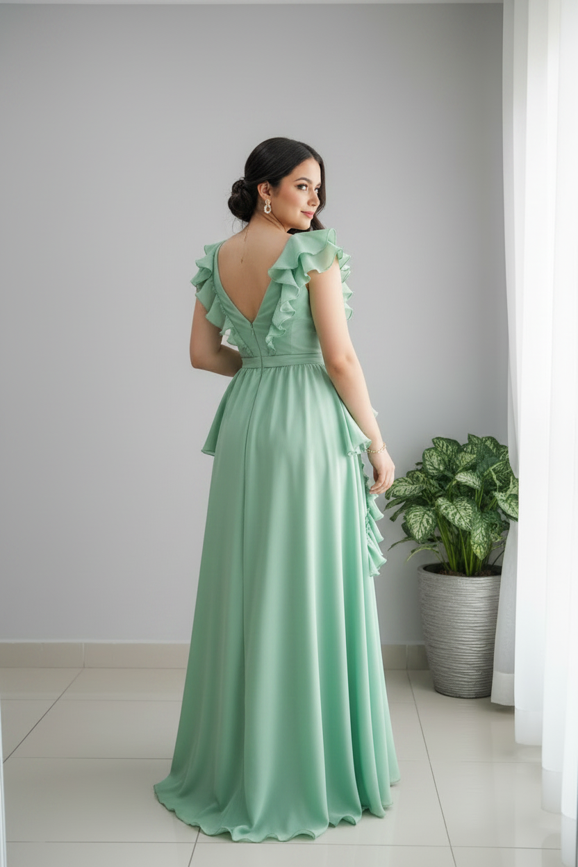 Vestido Verde Menta Maxi con Volantes y Abertura cod.953