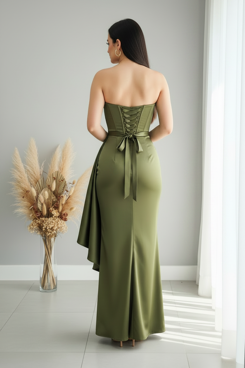 Vestido Verde Olivo Strapless Volante Lateral cod.V422