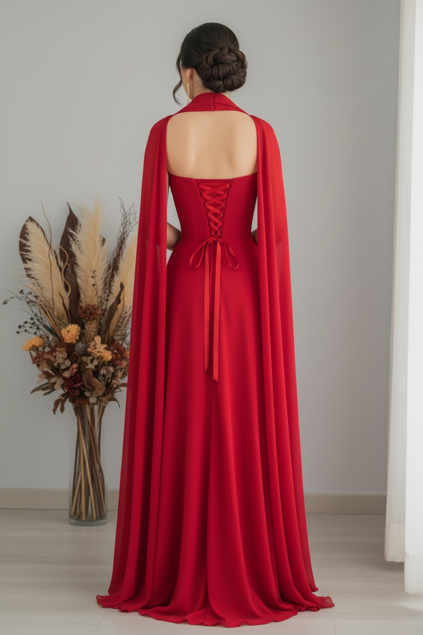 Vestido Rojo Strapless con Capa y Corsét cod.V364