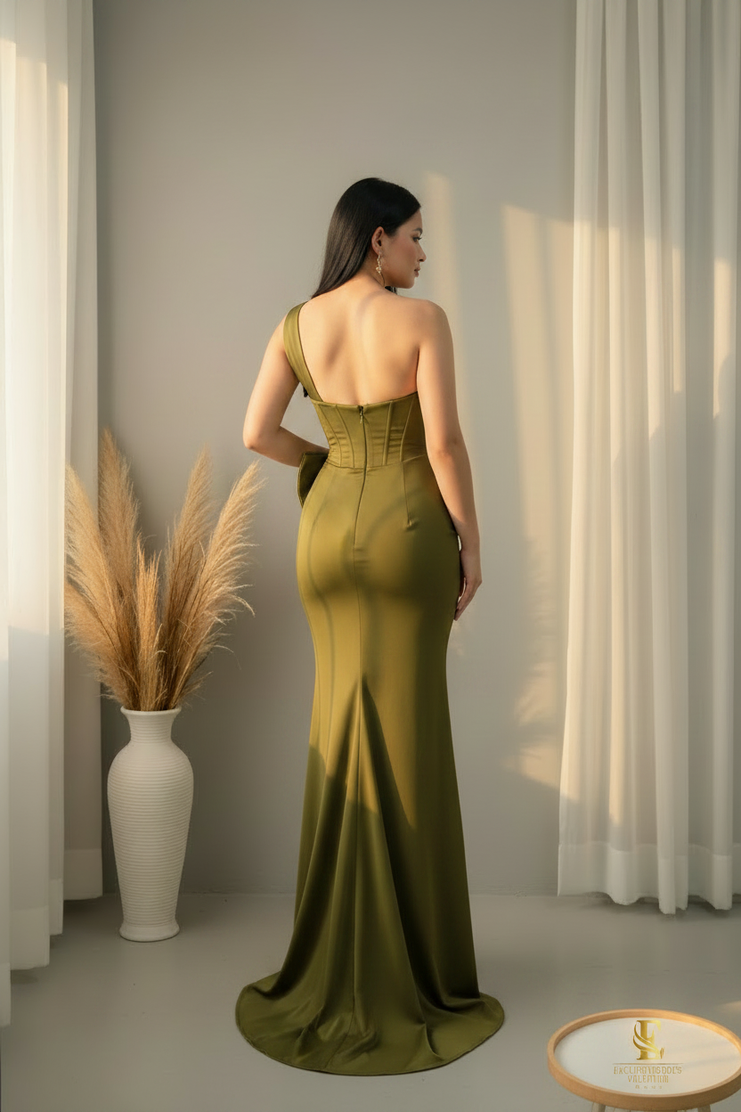 Vestido Verde Oliva Satinado Un Hombro Lazo Sirena cod.00181