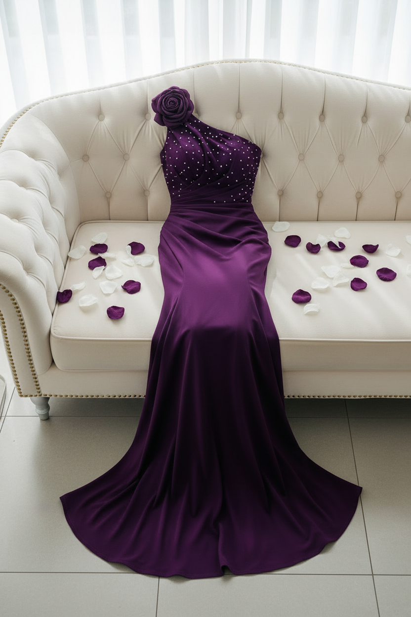 Vestido Morado Uva Un Hombro Rosa 3D Corsé Perlas cod.V0060