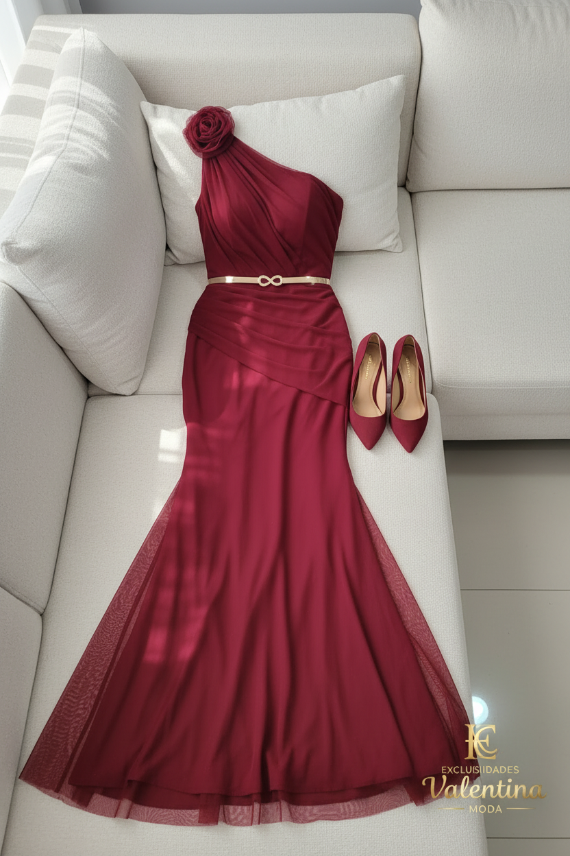 Vestido Sirena Un Hombro Burdeos Rosa D cod.V399