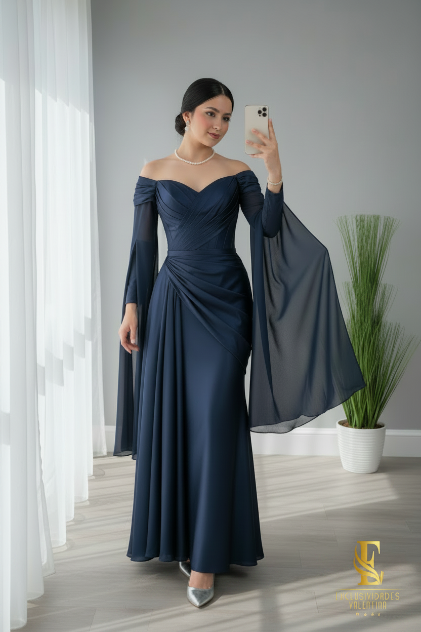 Vestido Azul Marino Off-Shoulder con Mangas Campana cod.V667