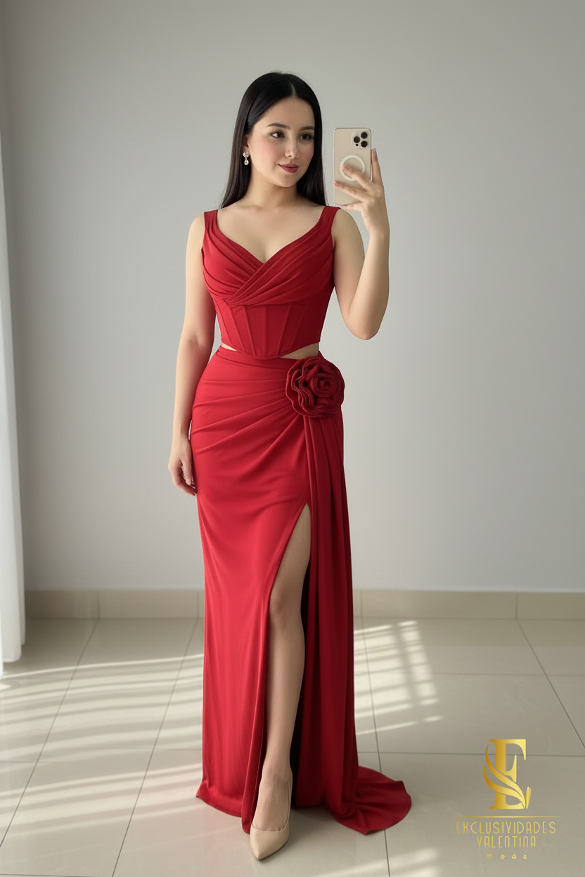 Conjunto Rojo | Corsé Cutout con Rosa 3D y Falda Drapeada cod.C447