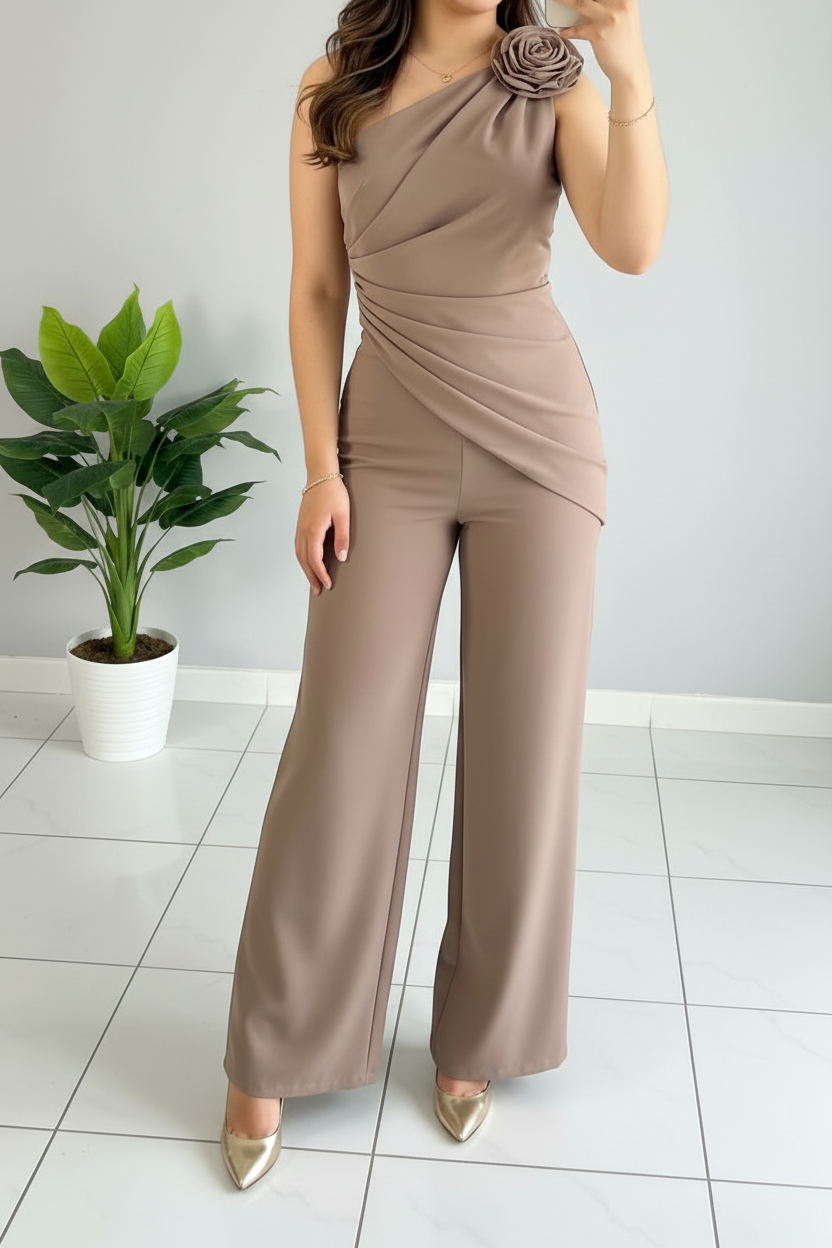 Jumpsuit Topo Un Hombro Asimétrico con Rosa 3D y Drapeado Palazzo cod.558