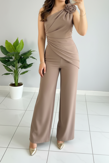 Jumpsuit Topo Un Hombro Asimétrico con Rosa 3D y Drapeado Palazzo cod.558