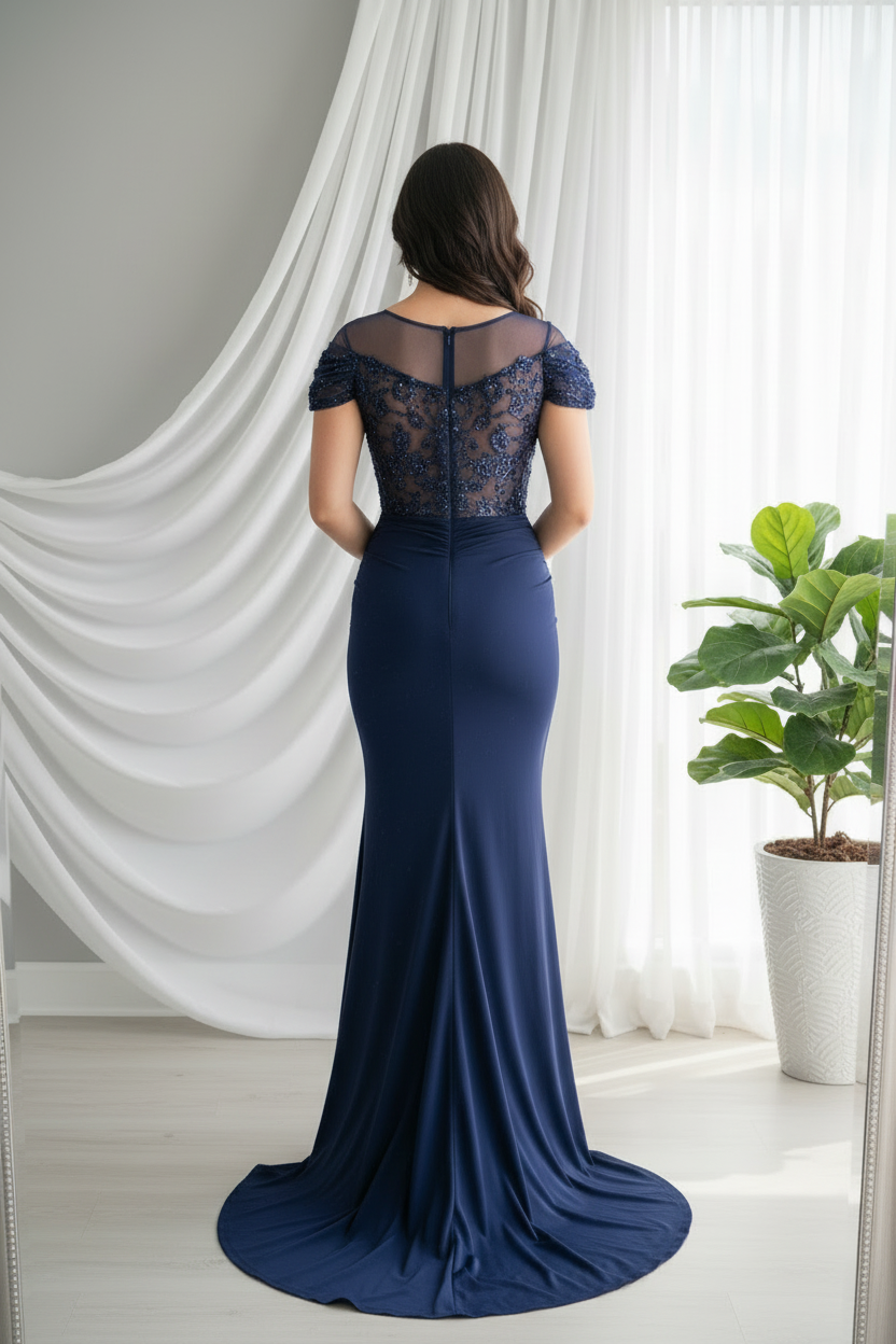 Vestido Azul Marino Sirena Encaje Ilusión con Abertura cod.V605