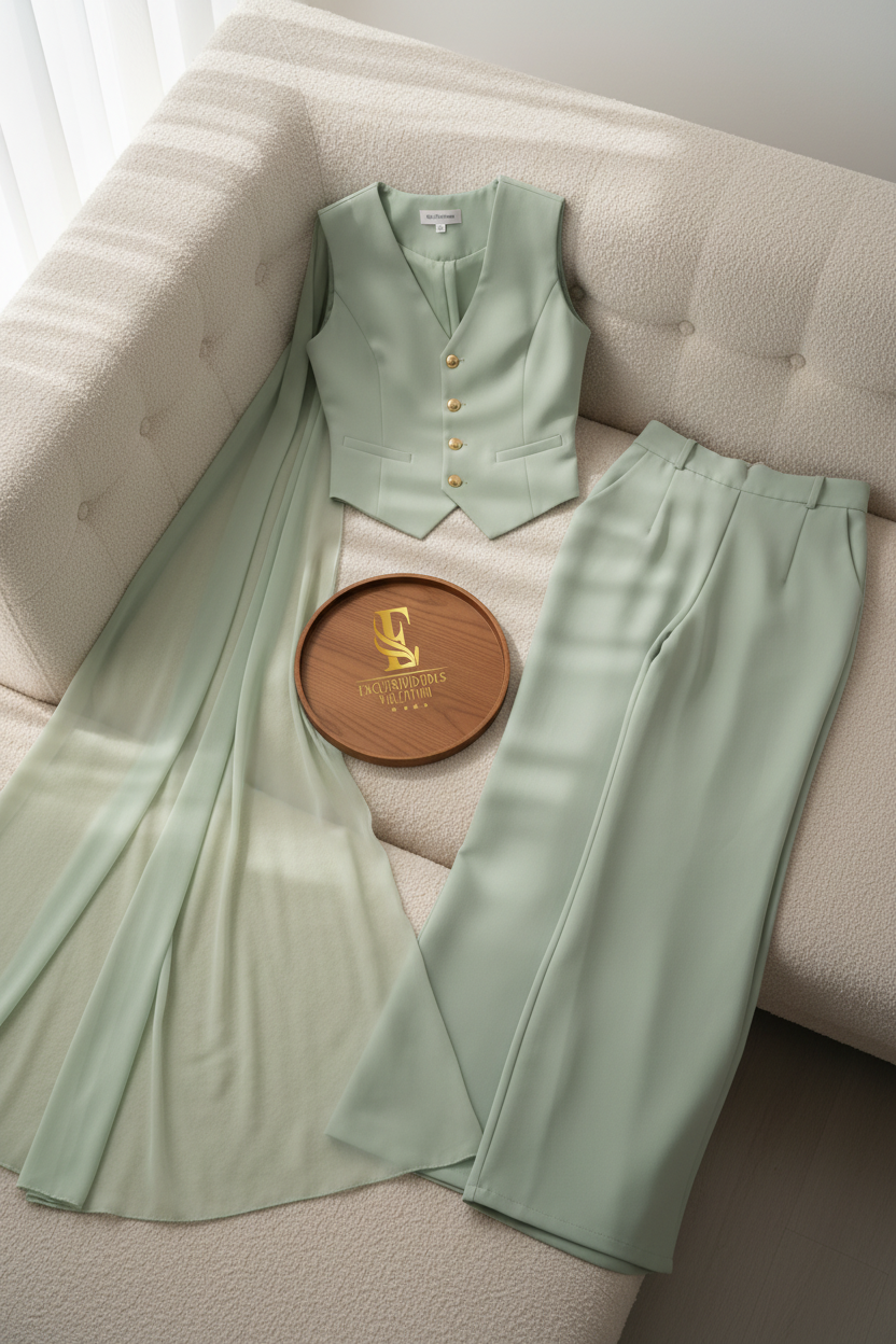 Conjunto Verde Menta — Chaleco Dorado & Palazzo con Capa cod.0027