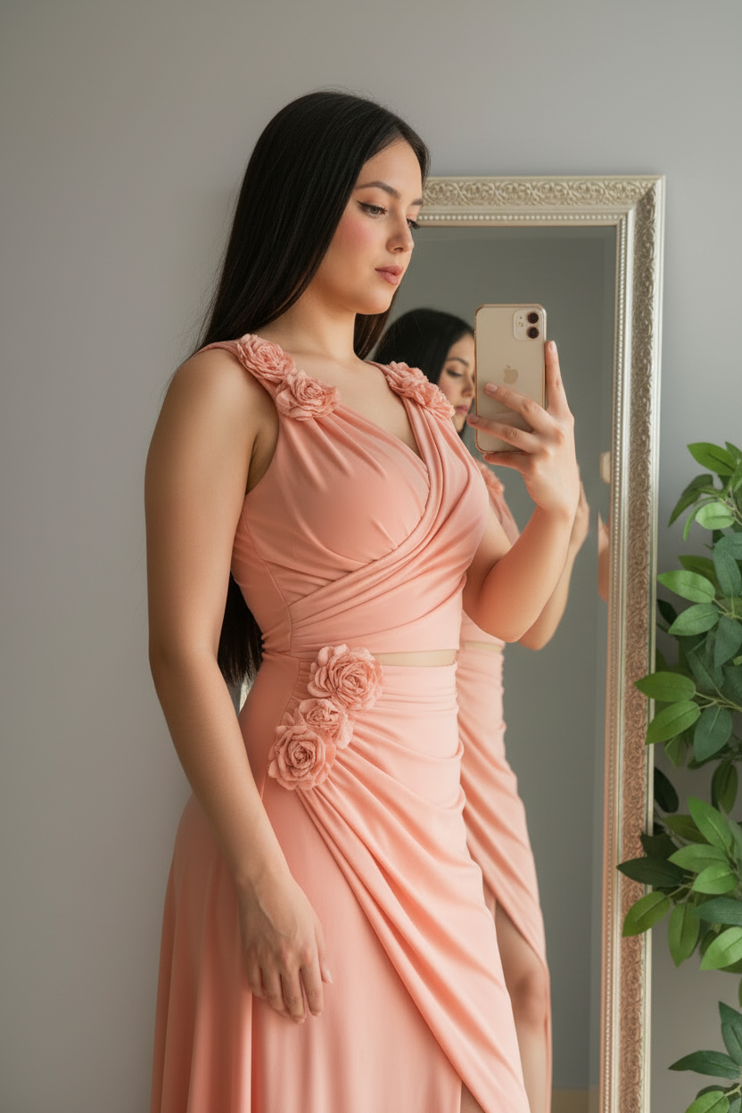 Vestido Salmon Rose – Gown Salmón con Rosas 3D & Abertura cod.681