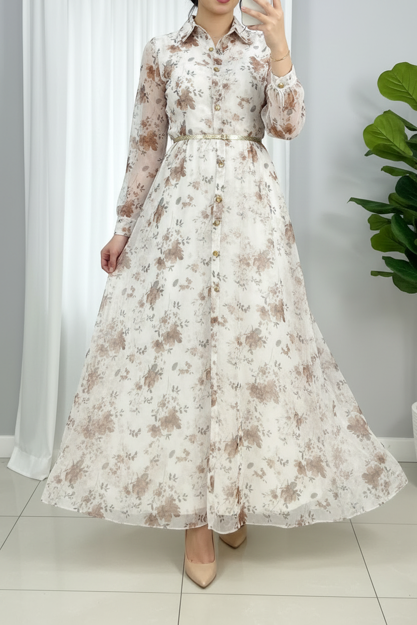 Vestido Floral Crema — Chiffon Botones Dorados cod.858