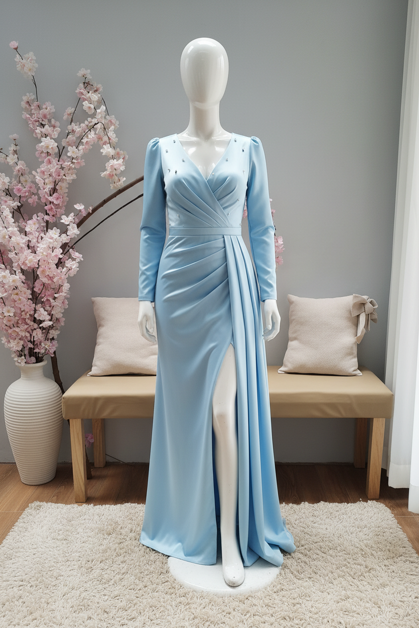 Vestido Azul Cielo con Perlas V356