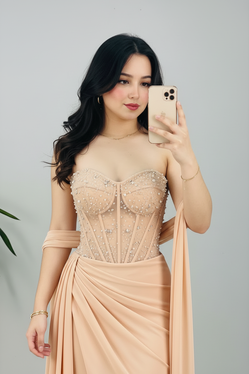 Vestido Formal Champagne Strapless Corset Transparente con Perlas y Capa Drapeada cod.530