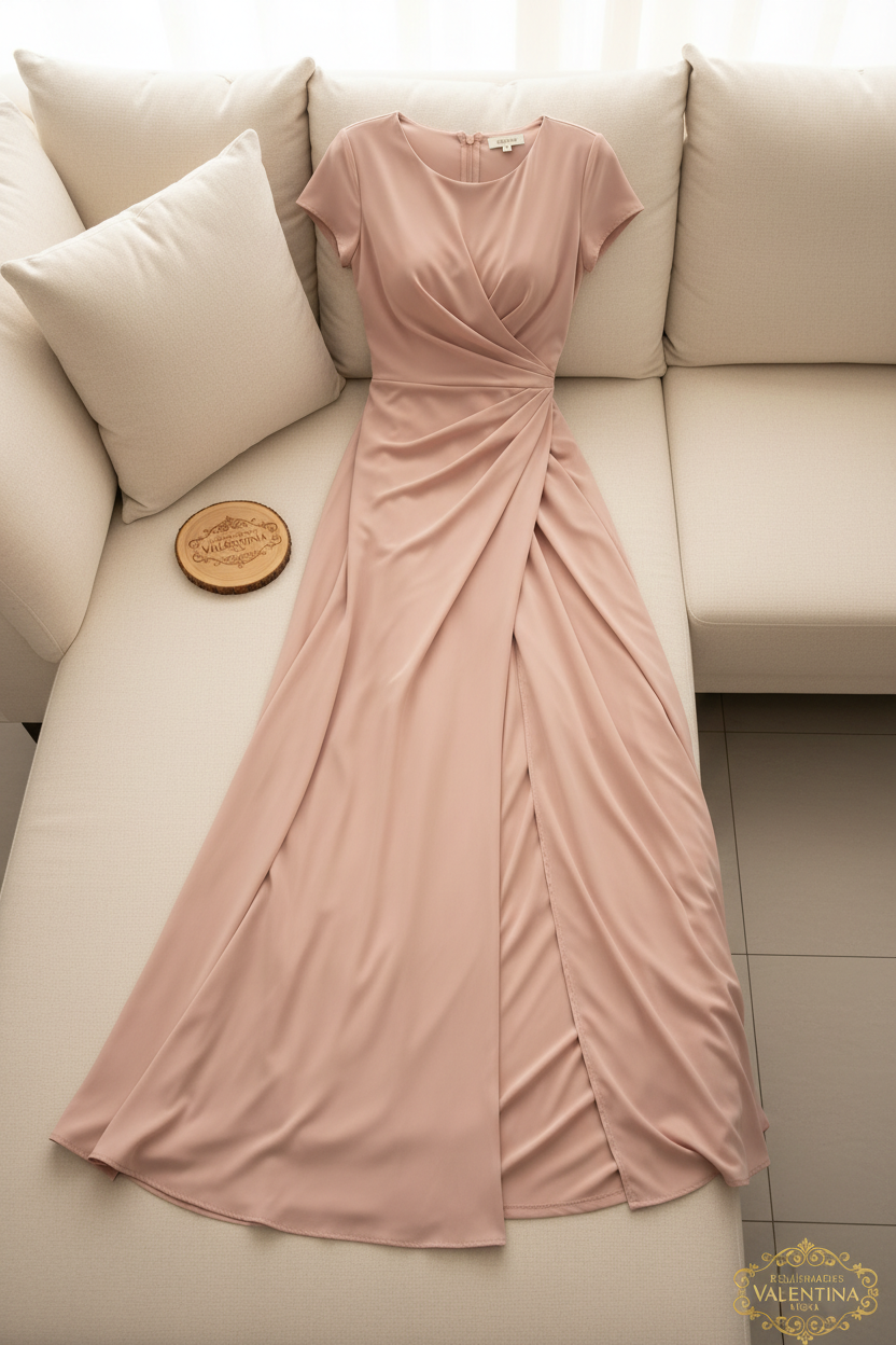 Vestido Rosa Palo Manga Corta Drapeado Cruzado Abertura cod.928