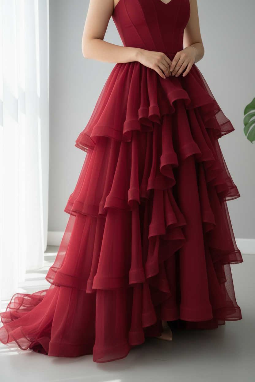 Vestido Rojo Vino Strapless Corsé Tul Multicapa Volantes cod.V0034