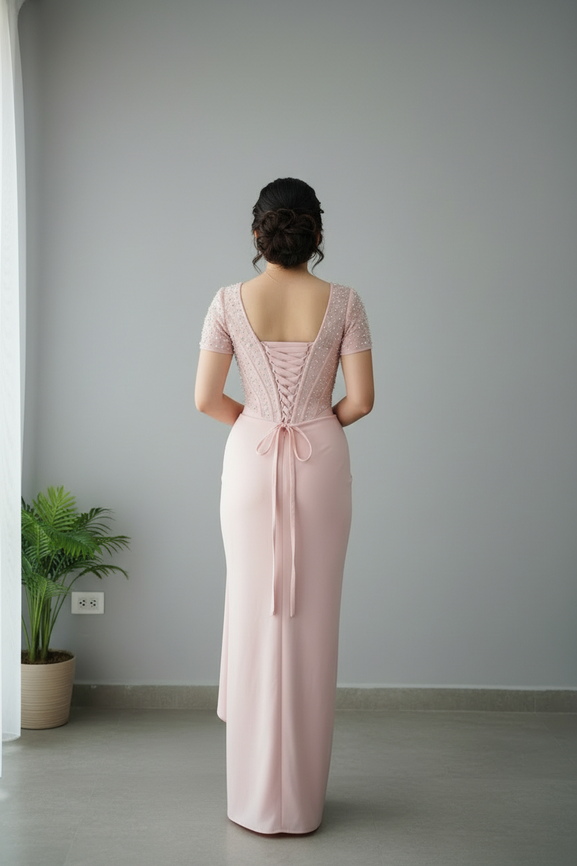 Vestido Rosa Palo Corset con Perlas cod.711