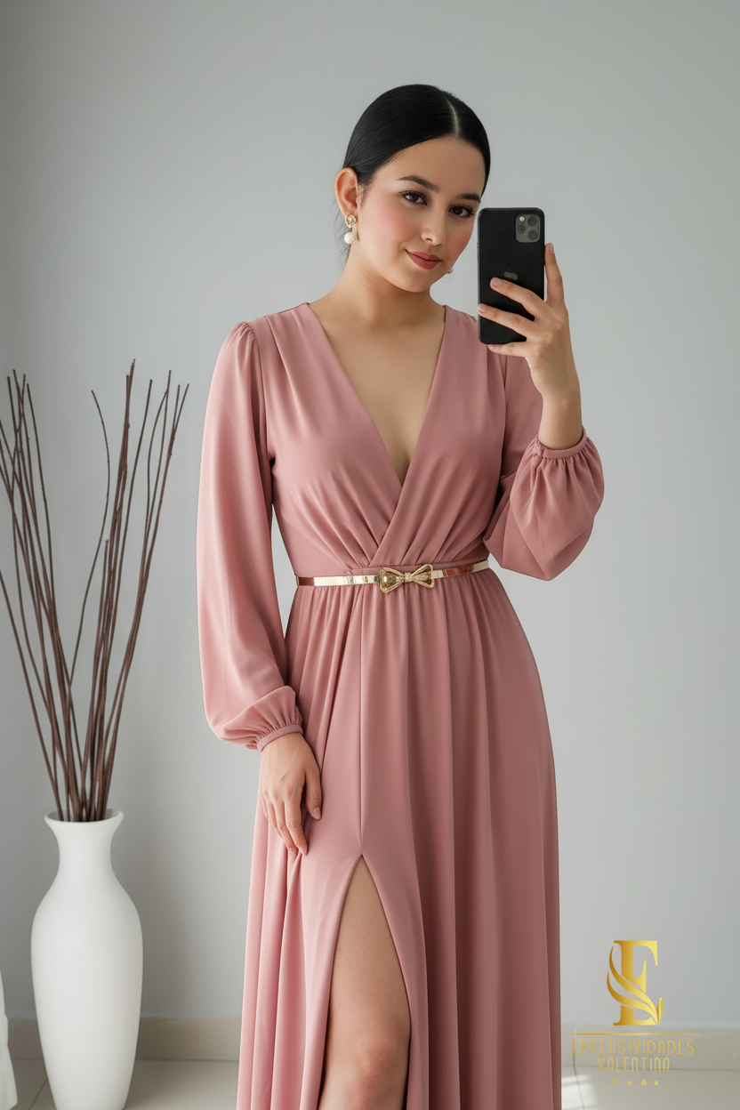 Vestido Rosa Palo Escote V Cruzado Manga Globo con Cinturón cod.V349
