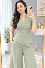 Conjunto Verde Sage Blazer Cruzado Perlas Manga Corta + Palazzo cod.CJ003