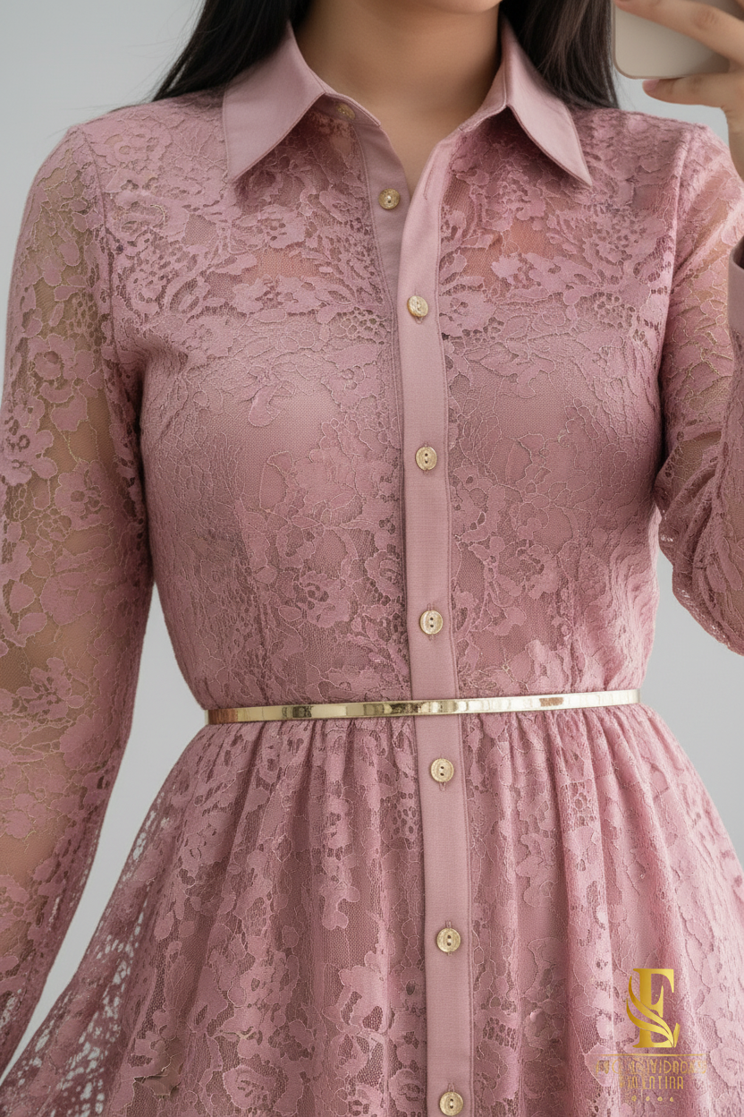 Vestido Rosa Palo Encaje Camisero Midi con Cinturón Dorado cod.V293