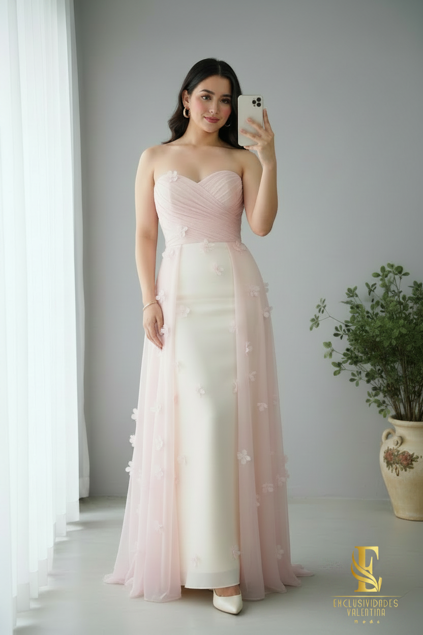 Vestido Rosa Palo Strapless con Flores 3D y Tul cod.V665
