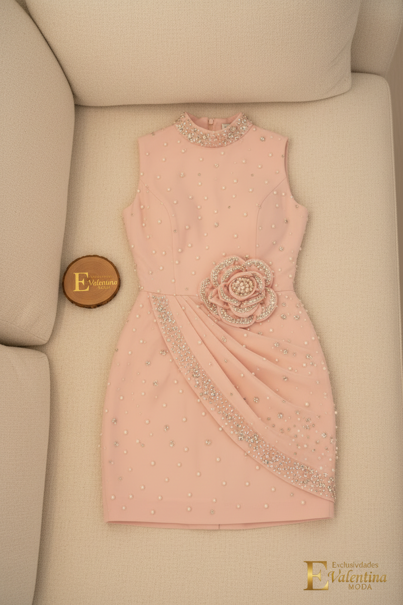 Vestido Rosa Perla Cuello Alto Sin Mangas Bordado Perlas Rosa D3 cod.942