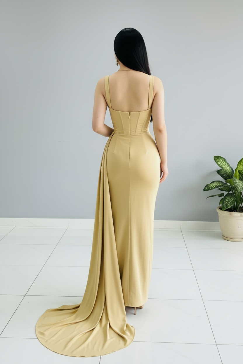 Vestido Golden Corset – Gown Dorado con Rosa & Cola Dramática cod.670