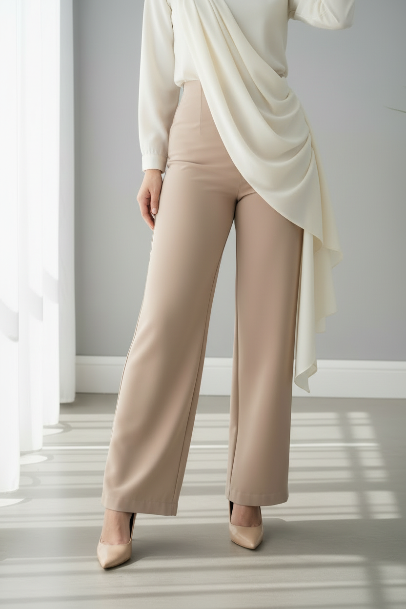Conjunto Ivory Drape & Beige Palazzo – Top Crema Drapeado Asimétrico con Lazo + Pantalón Palazzo Beige cod.698