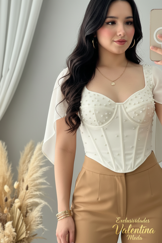 Blusa Corset Blanca con Perlas