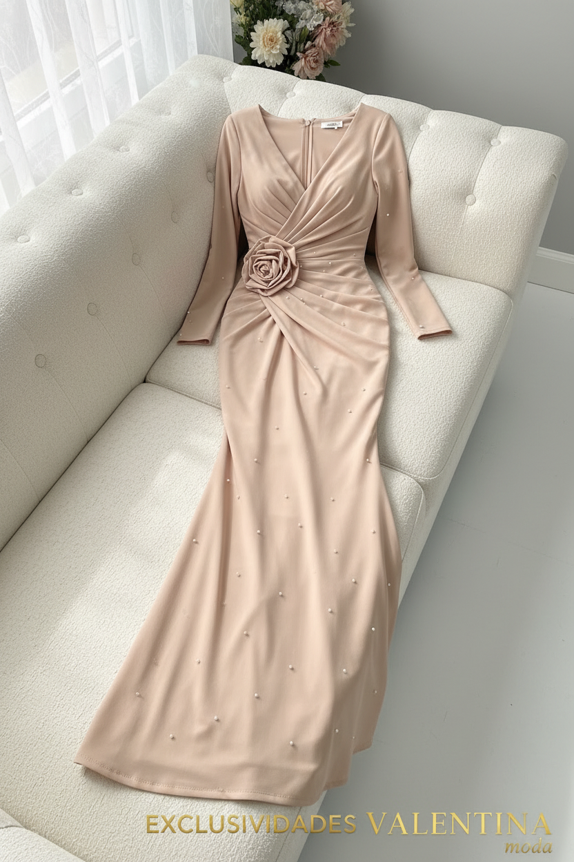 Vestido Nude Rosa 3D con Perlas cod.V729
