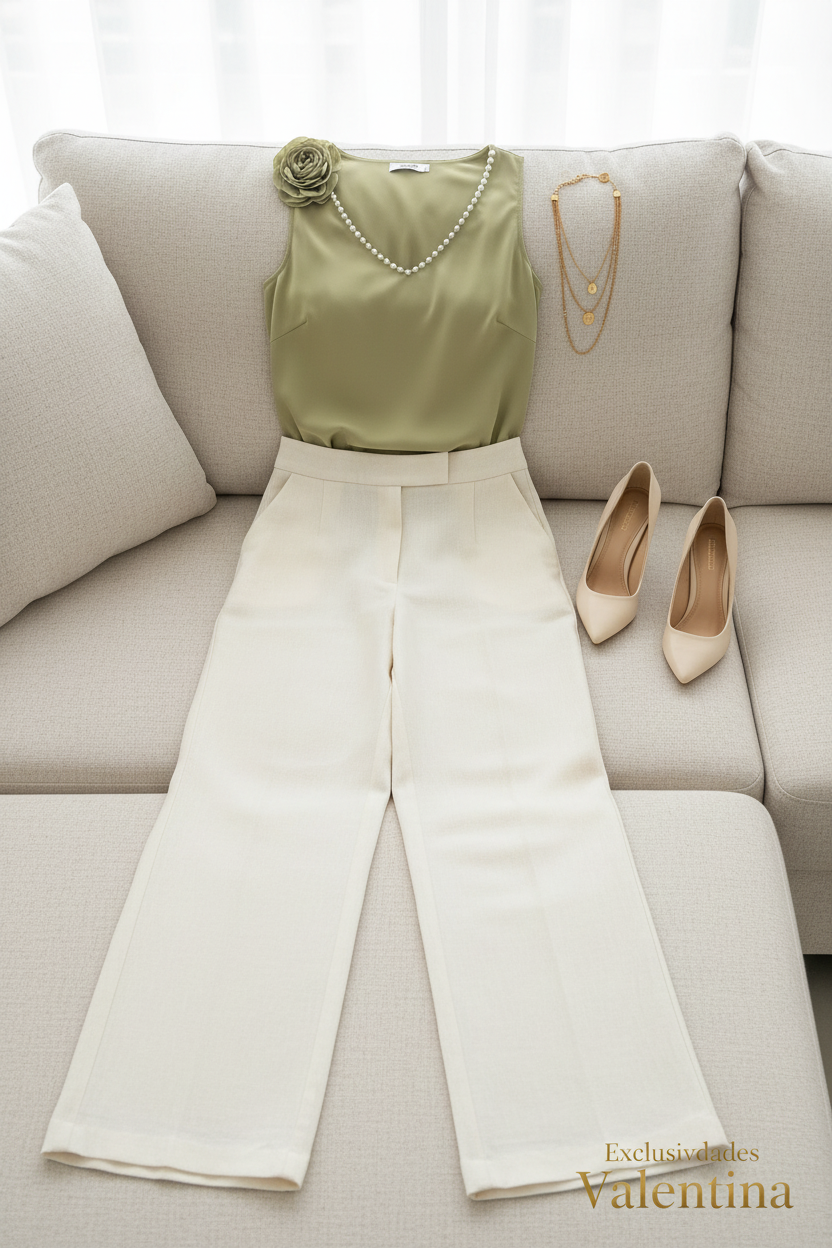 Set Salvia · Top Rosa 3D y Palazzo Crema cod.C271