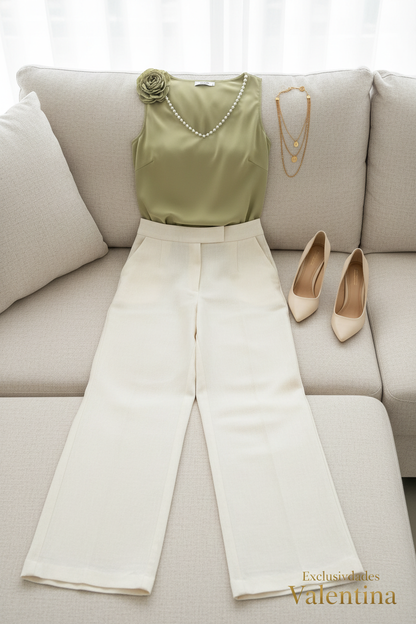 Set Salvia · Top Rosa 3D y Palazzo Crema cod.C271