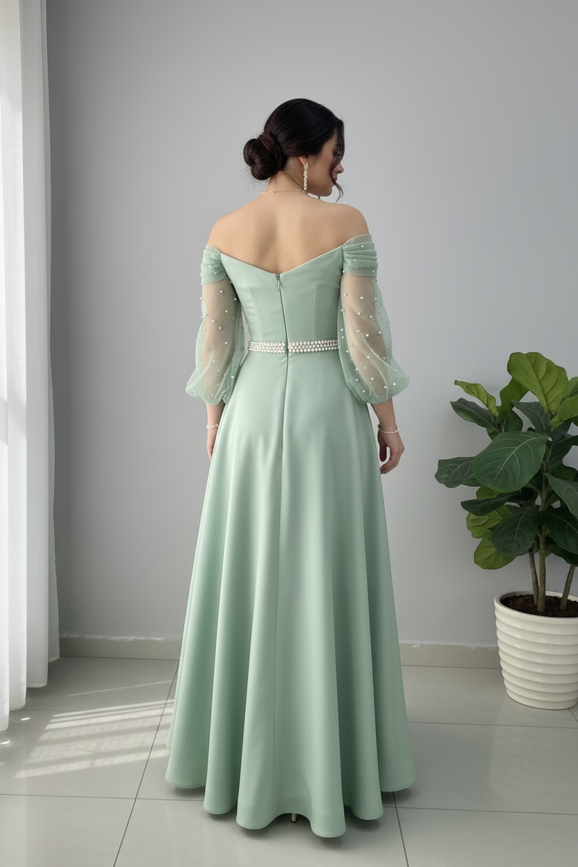 Vestido Verde Salvia Sage Off-Shoulder Manga Tul Perlas Cinturon Ancho A-Line cod.840